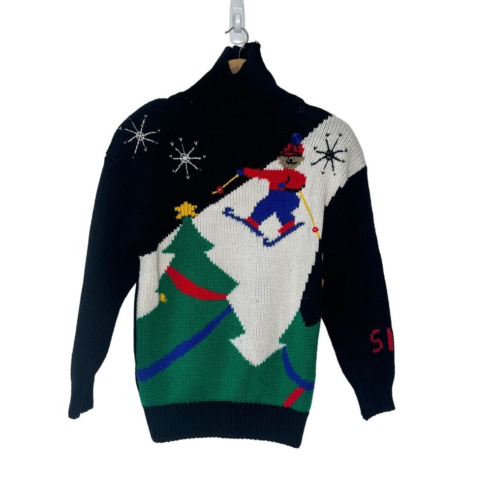 Robinsons Sweater Womens Black Small Ski Print Winter Mock Neck Cabincore Casual